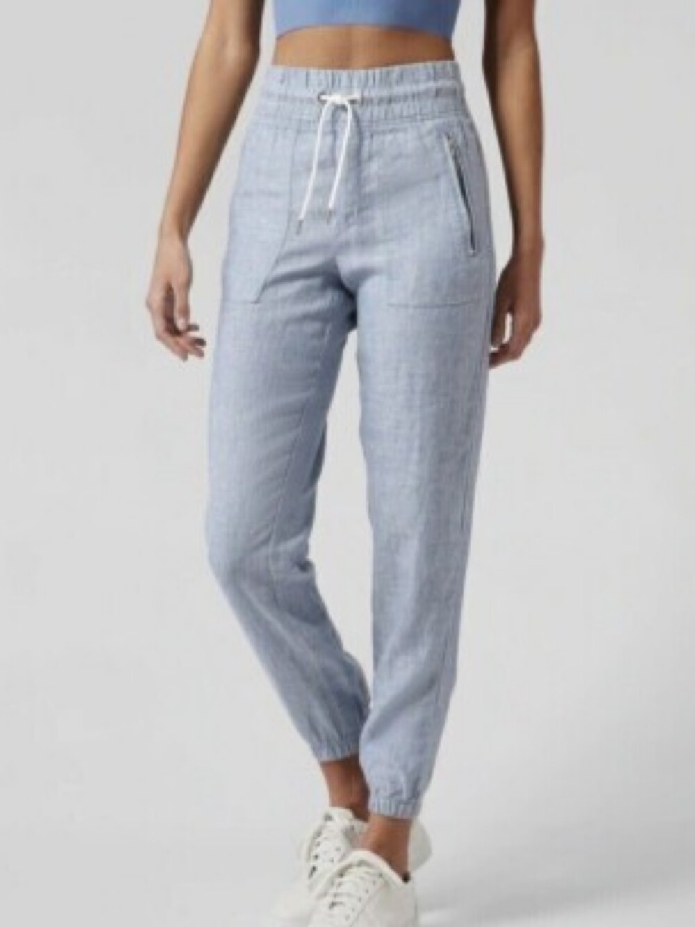 Athleta Cabo Linen Jogger Pants 100% Linen Chambray Blue Travel Resort Size 6
